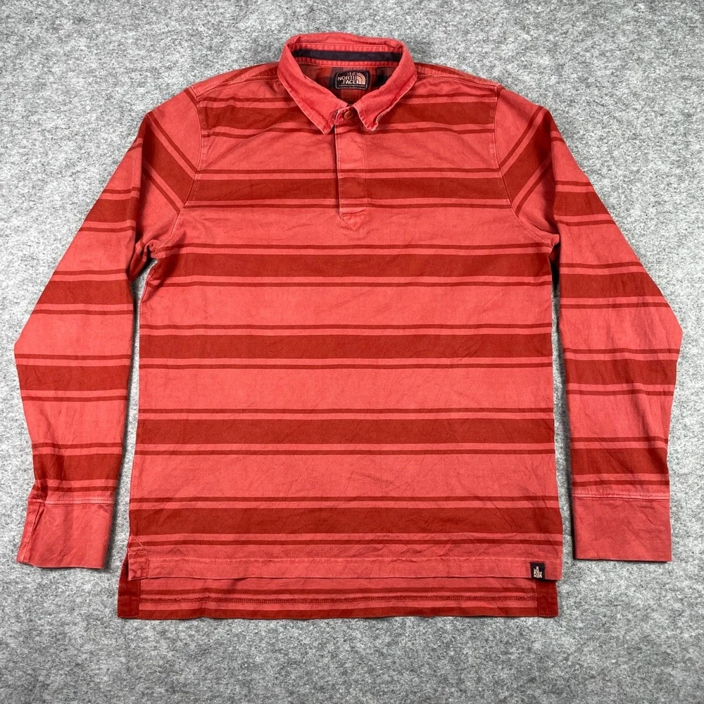 The North Face Rugby Polo Shirt Mens L Red Striped Long Sleeve Cotton Outdoor